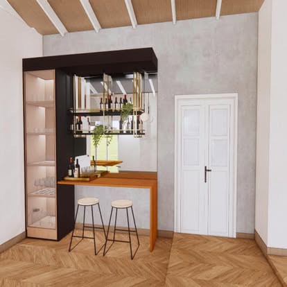 Home bar with a mirrored back, brass hanging rail, lit glass display cabinet and two stools at a timber counter